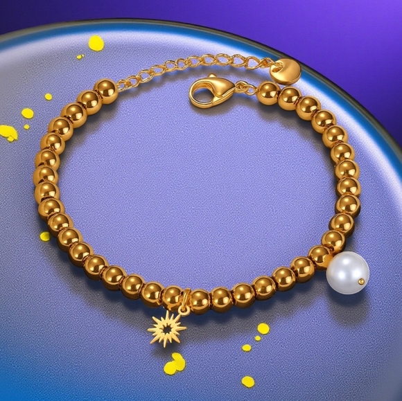 ๐๏ธ18K Gold Plated Stainless Steel Beaded Bracelet with Sun & Pearl Charms โจ - Picture 12 of 12